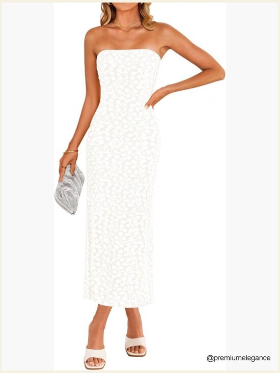 Dresses & Skirts - Strapless Floral Bodycon Midi Dress, Summer Wedding Guest Beach Formal
